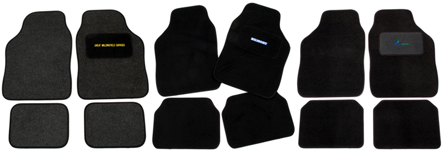 Universal-fit car mat sets in black and mid-grey with embroidered heel pads