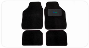 Four-piece universal-fit black car mat set with branded heel pad